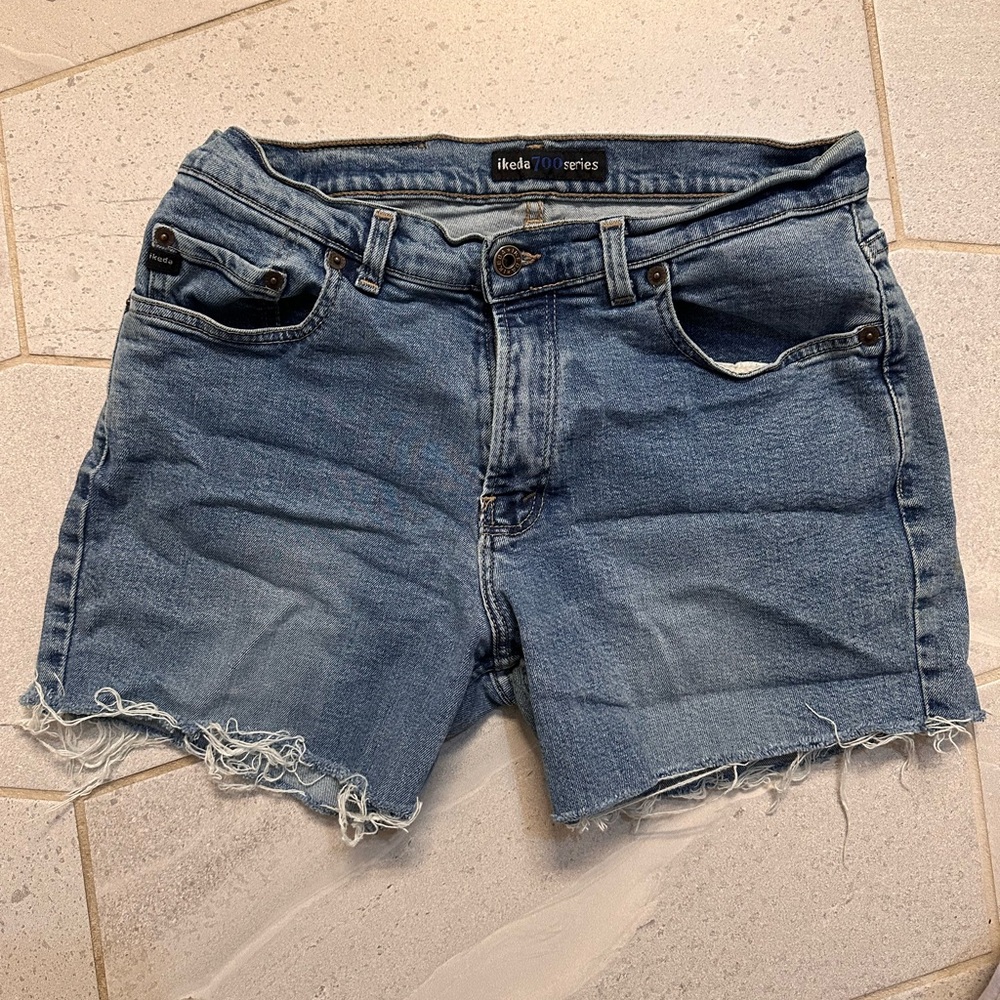 Blue Jean Shorts with Raw Hem and Straight Cut